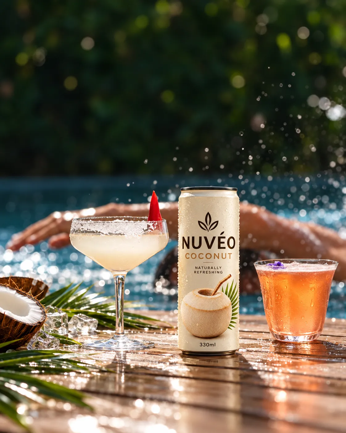 A can of Nuvéo Coconut beside poolside drinks